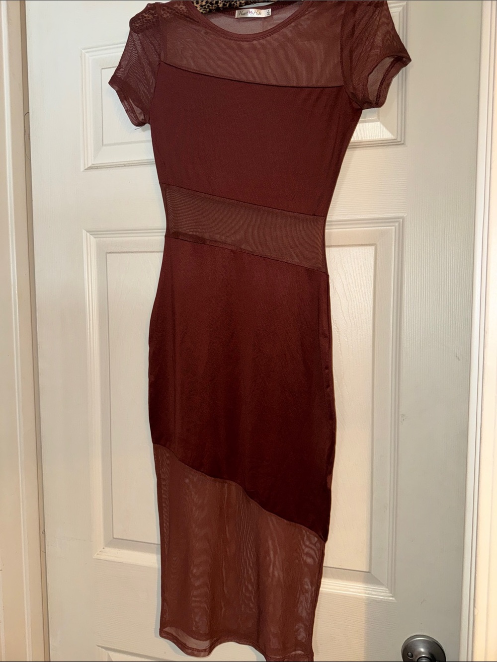 Heart Hips Asymmetrical Mesh Midi Dress in brick color